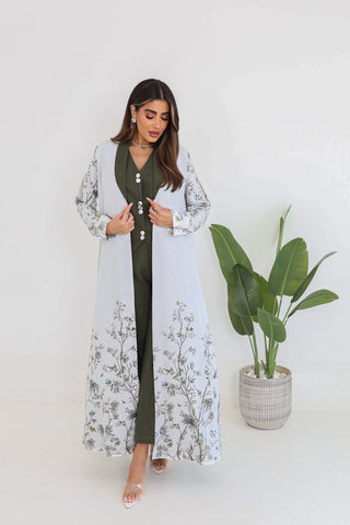 White Linen Jacket Abaya with Green Sleeveless Top & Pants – 4-Piece Set