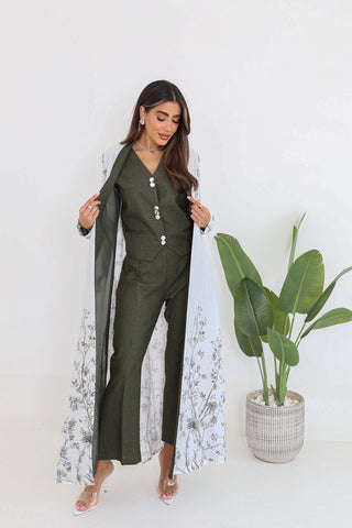 White Linen Jacket Abaya with Green Sleeveless Top & Pants – 4-Piece Set