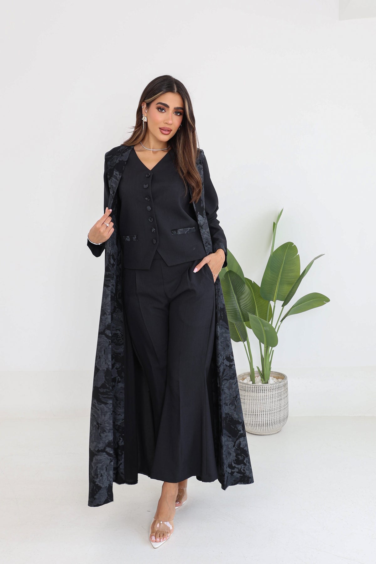 Printed Sleeveless Linen Abaya 4-Piece Set