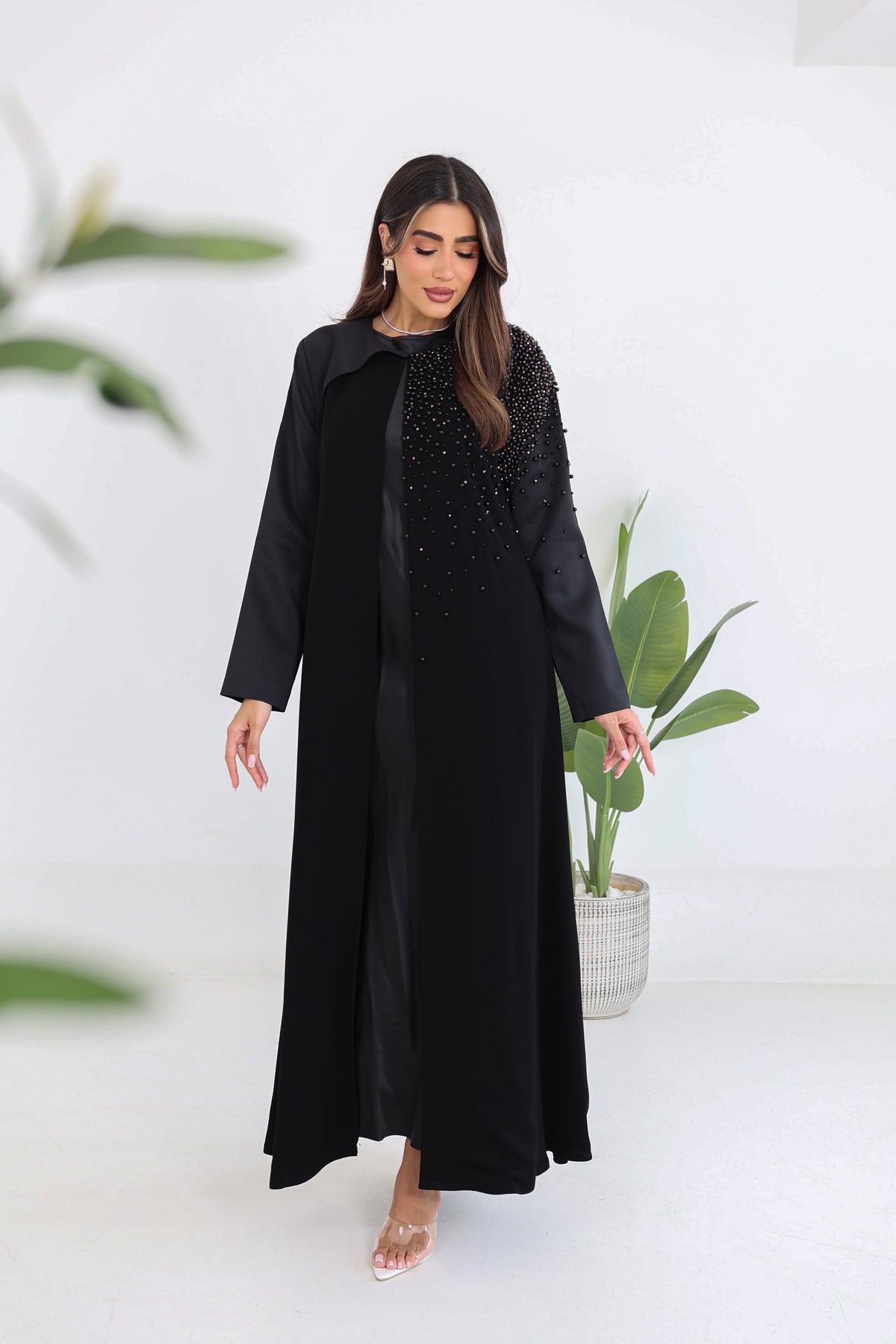 Round Neck Abaya with One-Side Beadwork Details