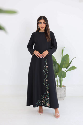 Round Neck Overlapped Front Embroidered Abaya with Contrast Inner Panel