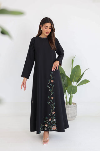 Round Neck Overlapped Front Embroidered Abaya with Contrast Inner Panel