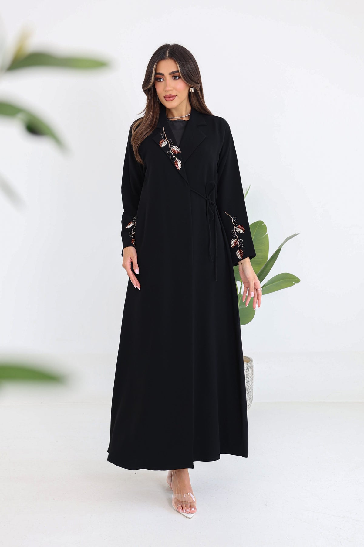 Jacket Cut Abaya with Side Tie & Embroidery Details