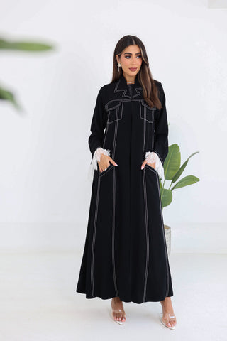 Running Stitch Contrast Abaya with Attached Lace Details