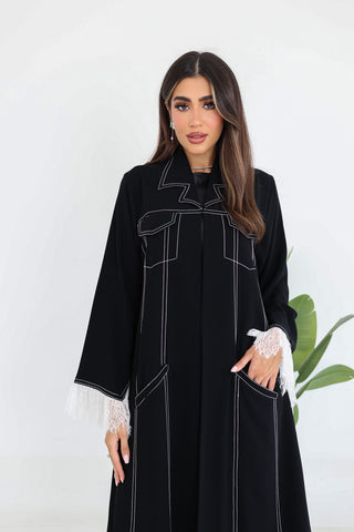 Running Stitch Contrast Abaya with Attached Lace Details